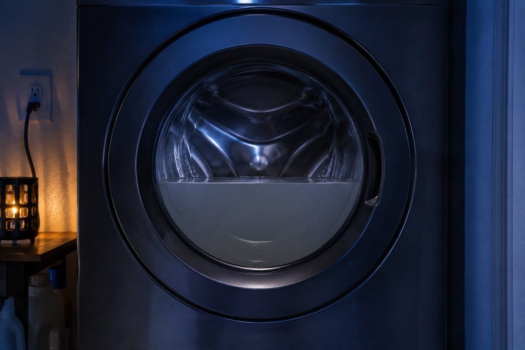 The round glass door of a washer half filled with still gray water that has stopped moving. Still is the word — the page is about water that did not leave on schedule rather than water leaving slowly.