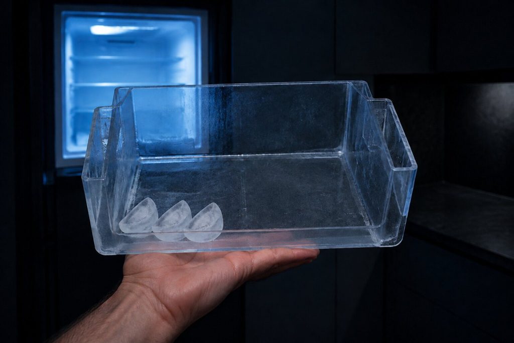 An ice storage bin lifted out of a freezer and held level in one hand in a dark kitchen, three loose crescent cubes lying in the bottom corner of an otherwise empty bin, the lit compartment it came from out of focus behind.