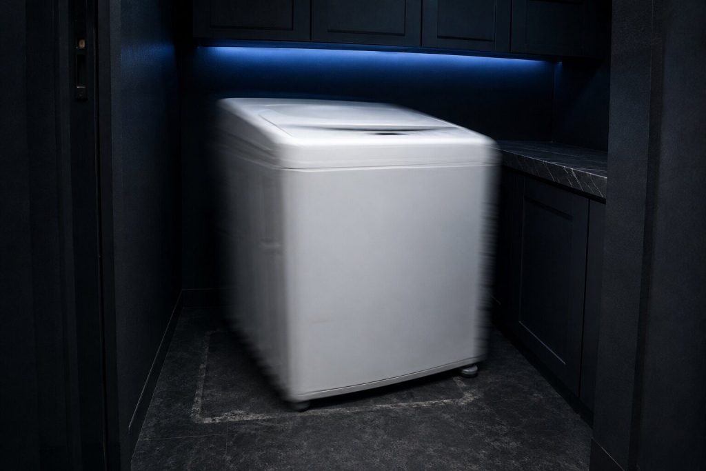 A white top-load washing machine part way through a spin in a dark laundry closet, shifted visibly forward and turned out of square, one front foot standing clear of the pale rectangle worn into the vinyl floor beneath it.