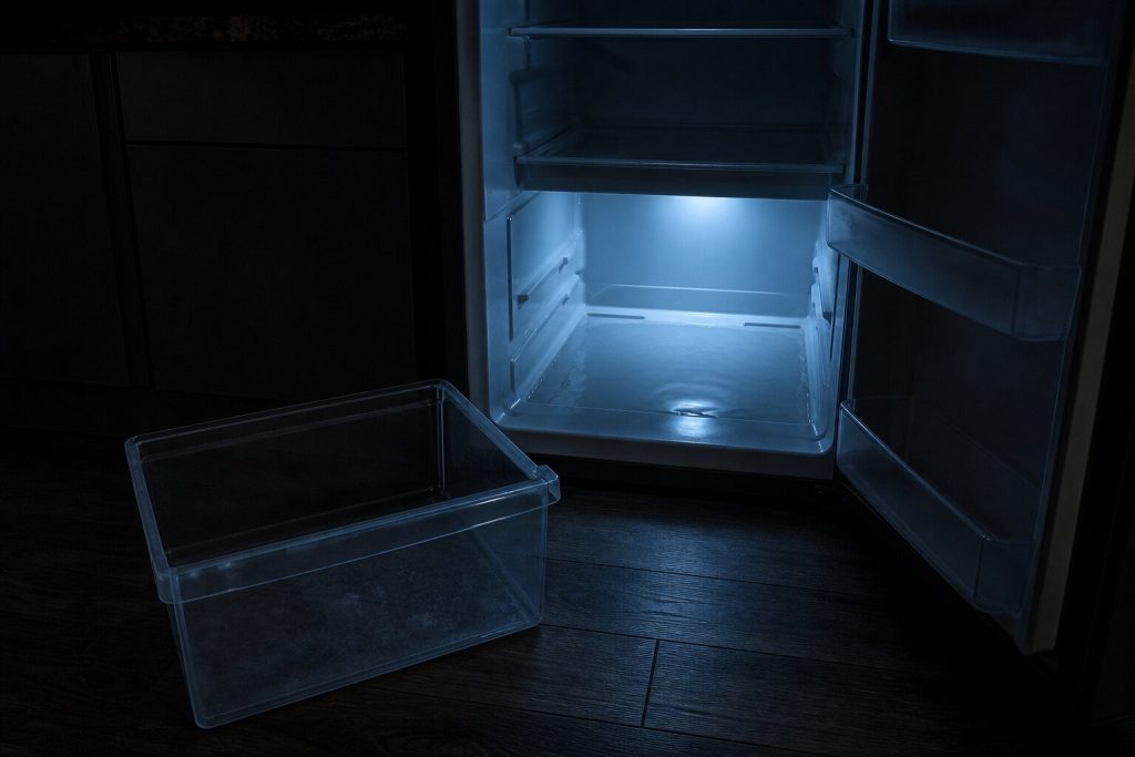 A crisper drawer lifted out and set on the floor beside a refrigerator, a shallow sheet of clear water lying in the empty well it came from, the compartment lamp the only light in a near-black kitchen.